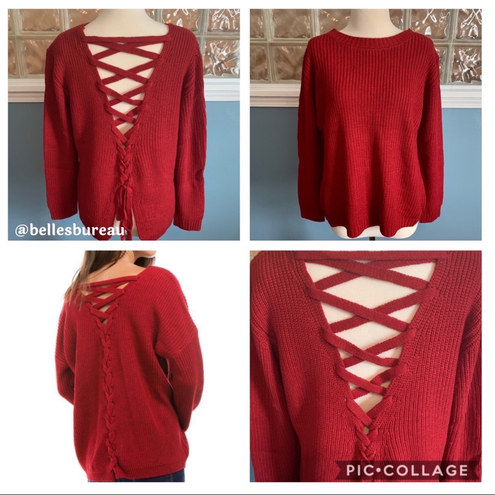 Sale! Red L/XL Round Neck Front Back Lace Sweater